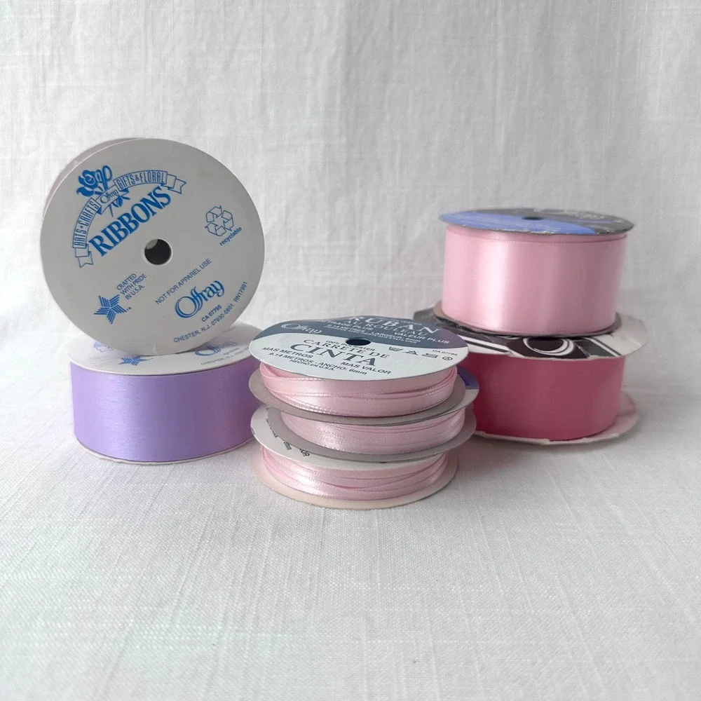 Offray Vintage Satin Ribbon Lot Pink Lavender Purple Sewing Craft Spools NOS